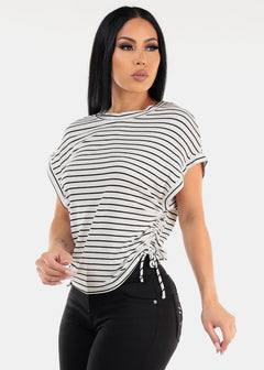Short Sleeve Stripe Top w Adjustable Drawstring Sides