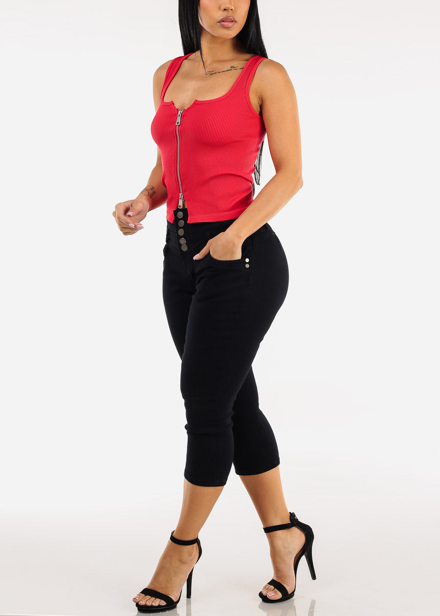 Sleeveless Zip Up Stretch Ribbed Top Red