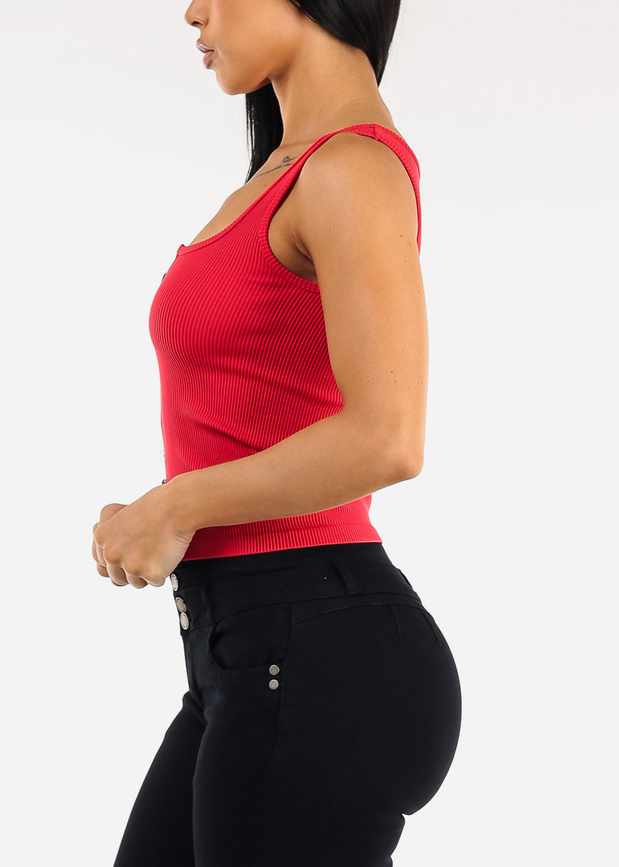 Sleeveless Zip Up Stretch Ribbed Top Red