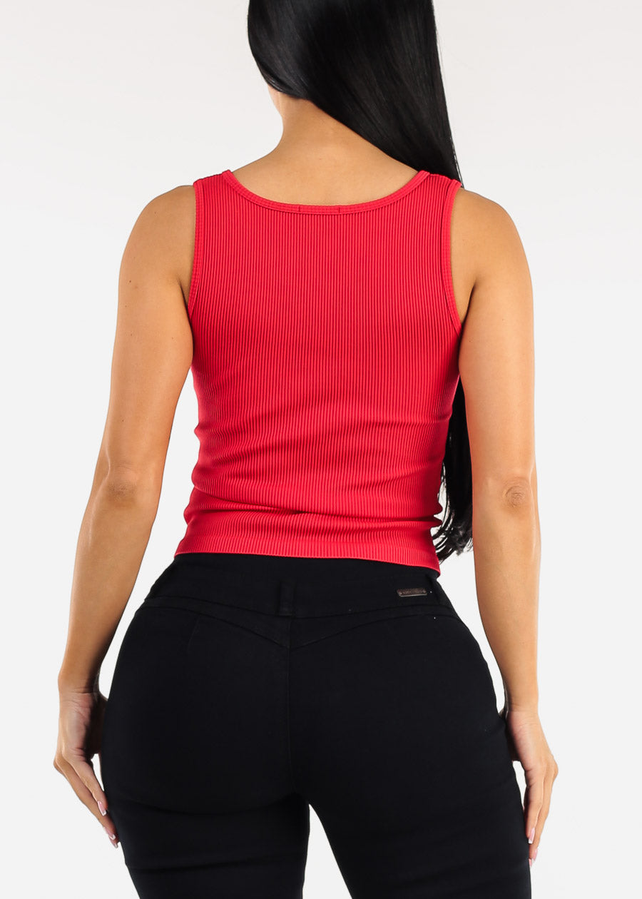 Sleeveless Zip Up Stretch Ribbed Top Red