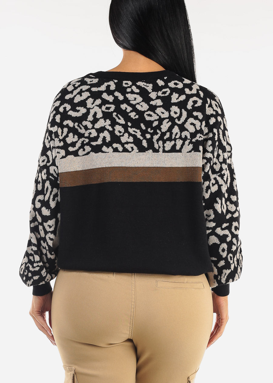 Round Neck Long Sleeve Animal Print Black Sweater