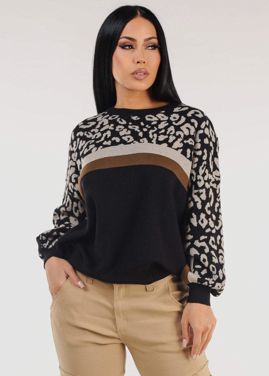 Round Neck Long Sleeve Animal Print Black Sweater