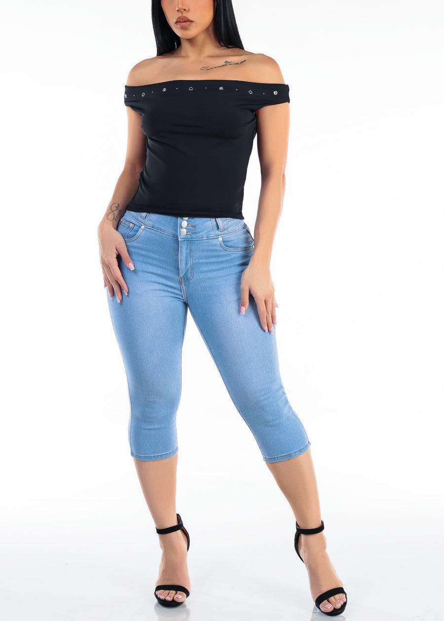 Black Off Shoulder Stretch Top w Studded Neckline