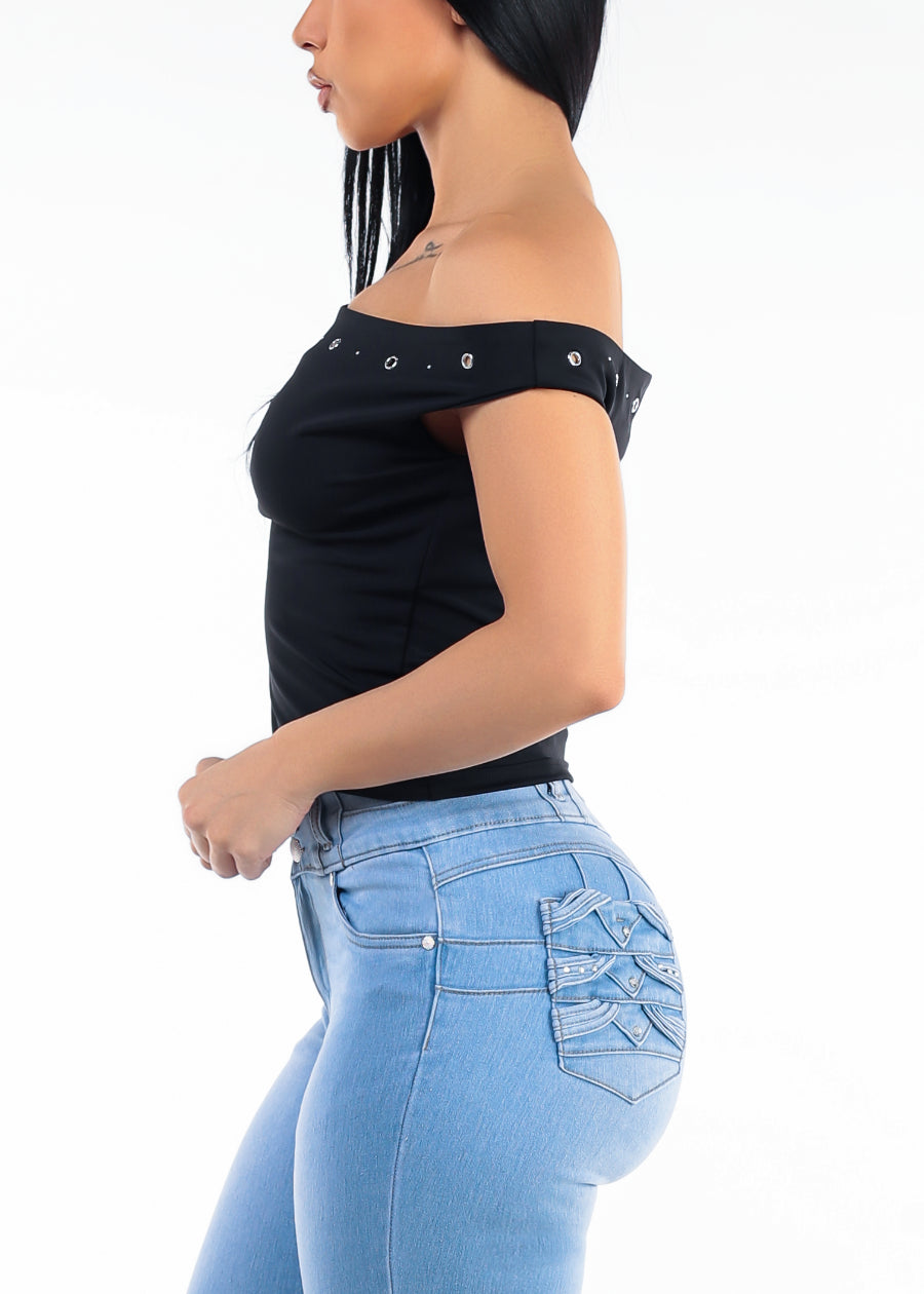 Black Off Shoulder Stretch Top w Studded Neckline