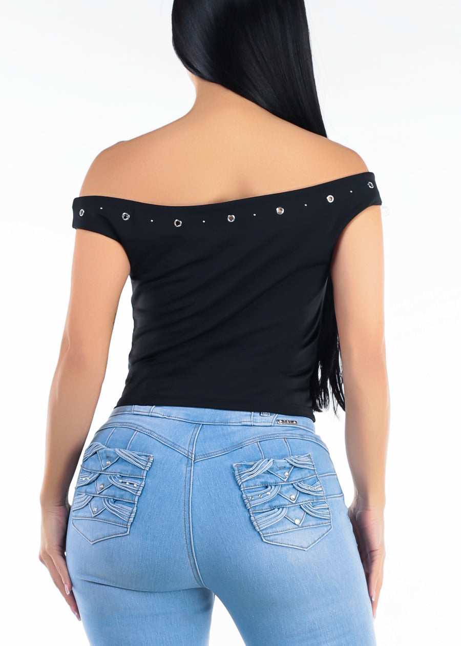 Black Off Shoulder Stretch Top w Studded Neckline