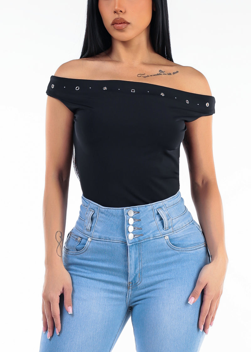 Black Off Shoulder Stretch Top w Studded Neckline