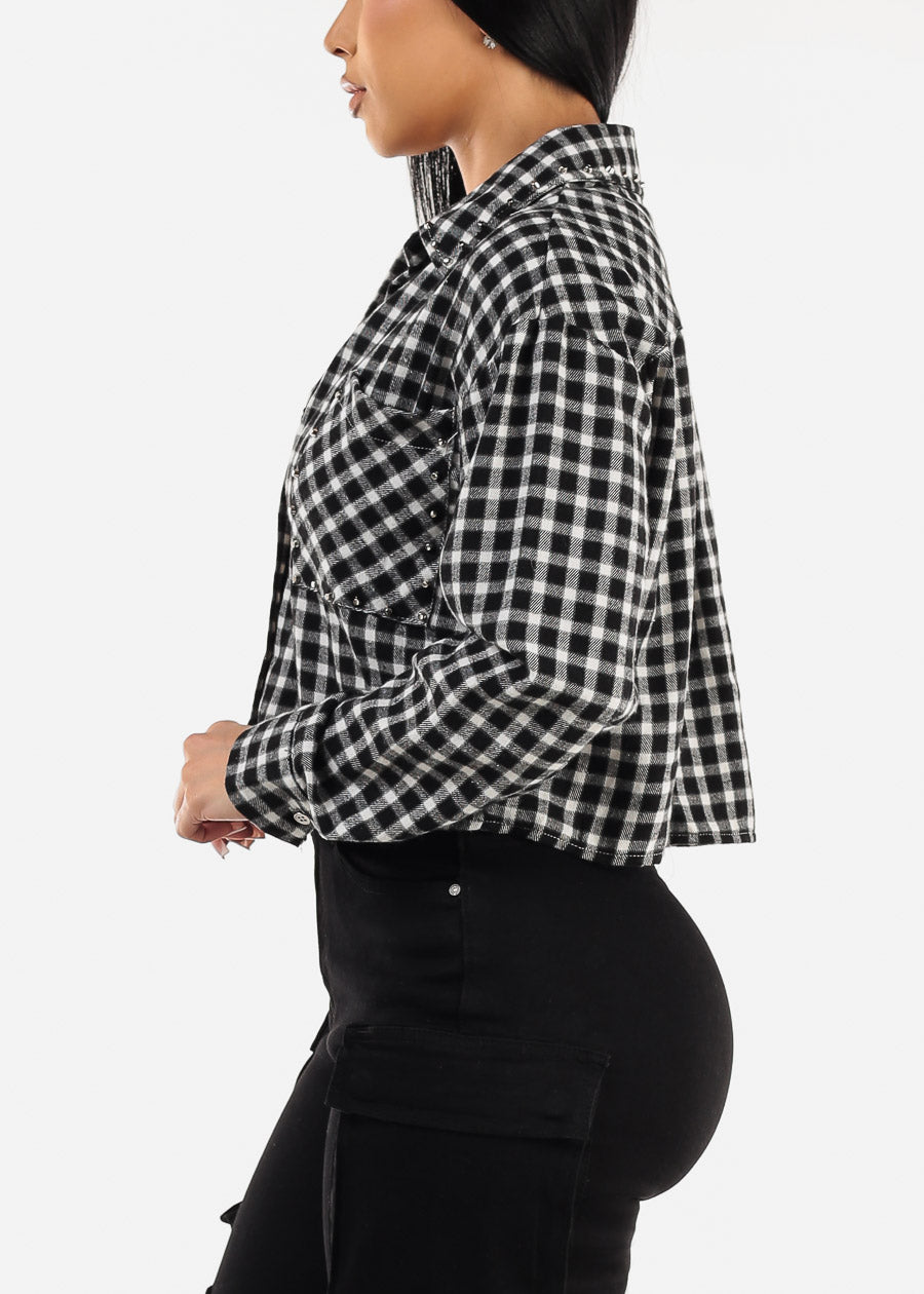 Long Sleeve Plaid Crop Shacket Black & White