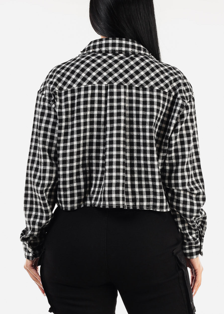 Long Sleeve Plaid Crop Shacket Black & White