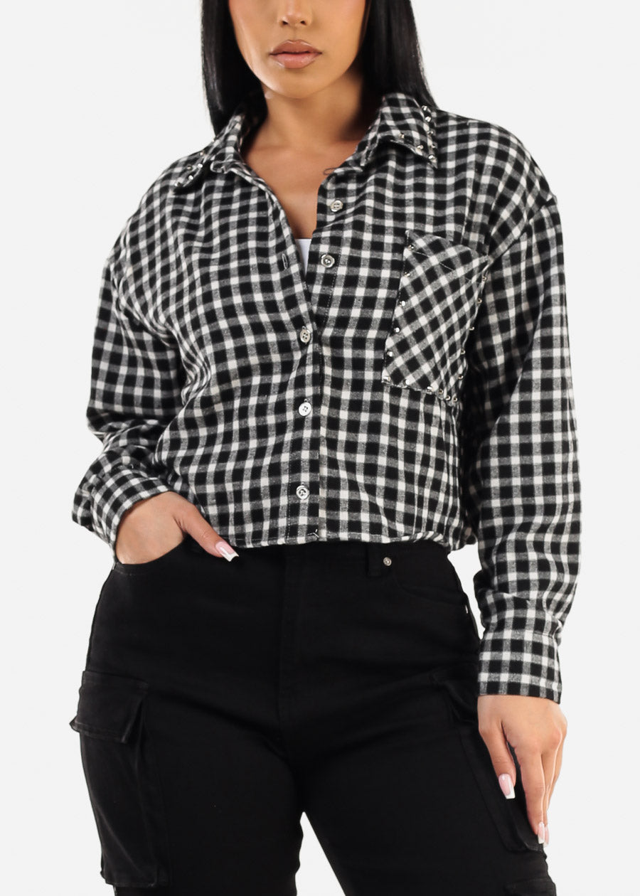 Long Sleeve Plaid Crop Shacket Black & White