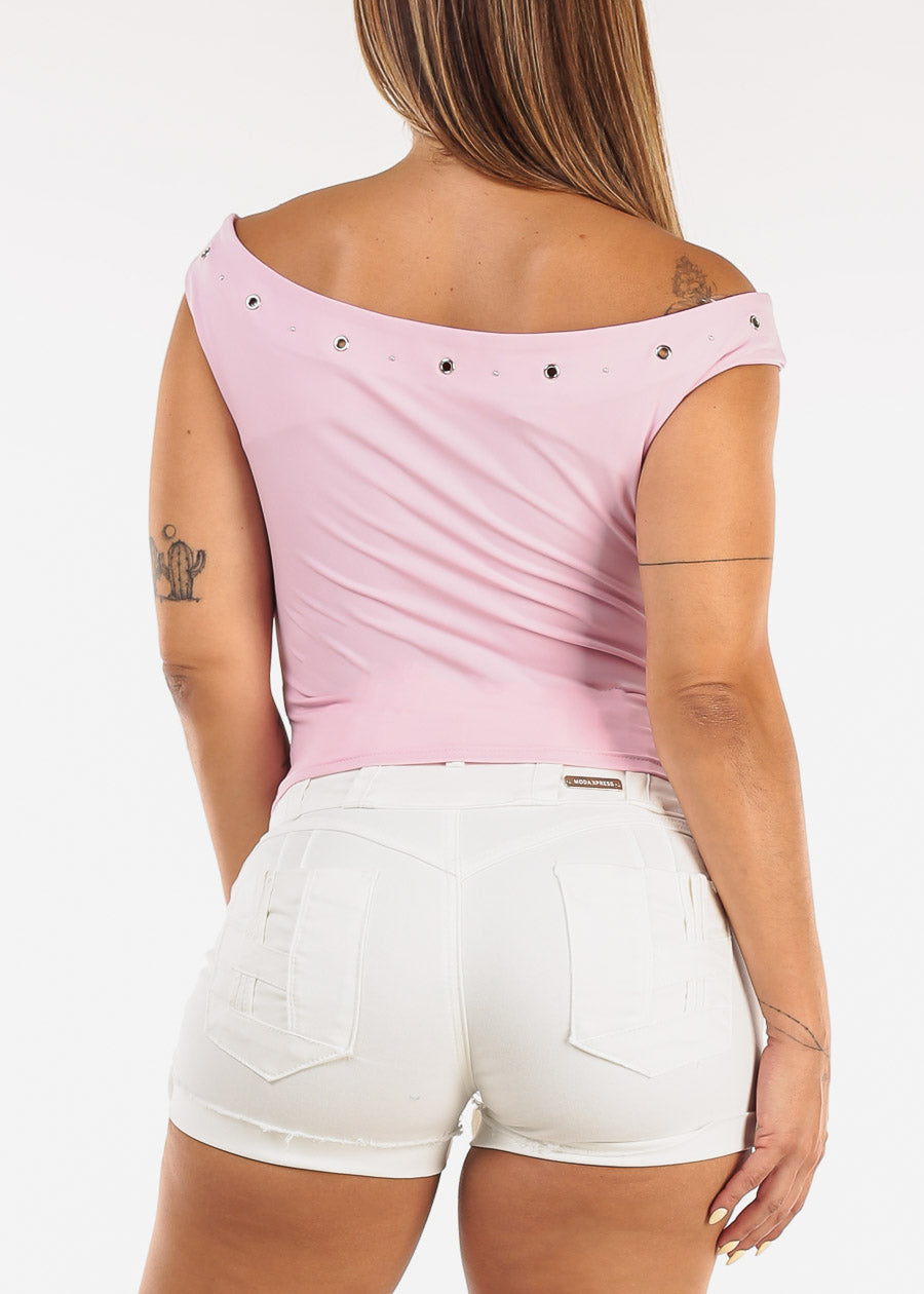 Off Shoulder Stretch Top Light Pink w Studded Neckline