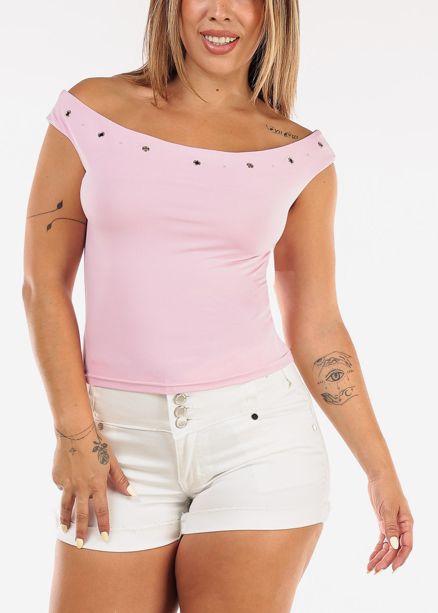 Off Shoulder Stretch Top Light Pink w Studded Neckline