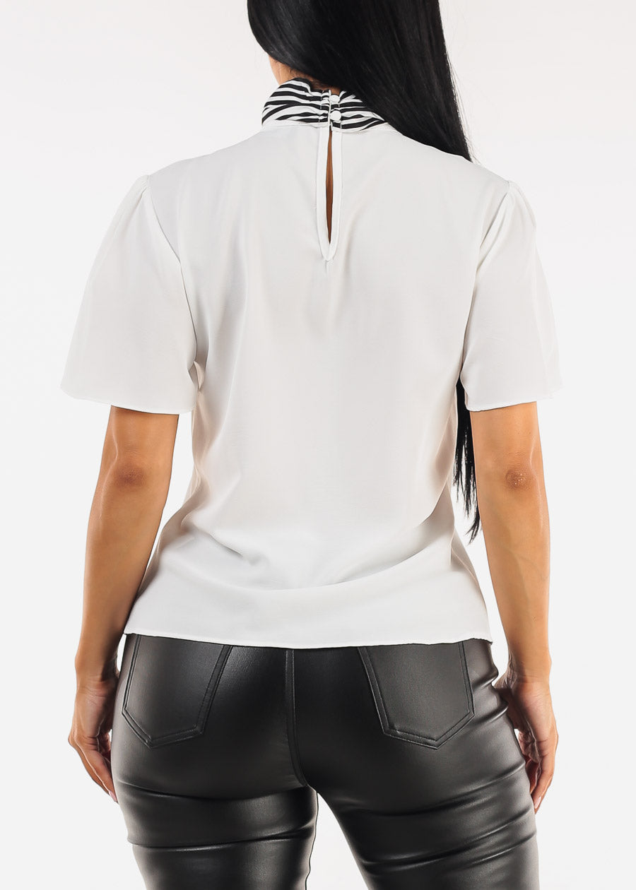 Short Sleeve White Blouse w Neck Tie Detail