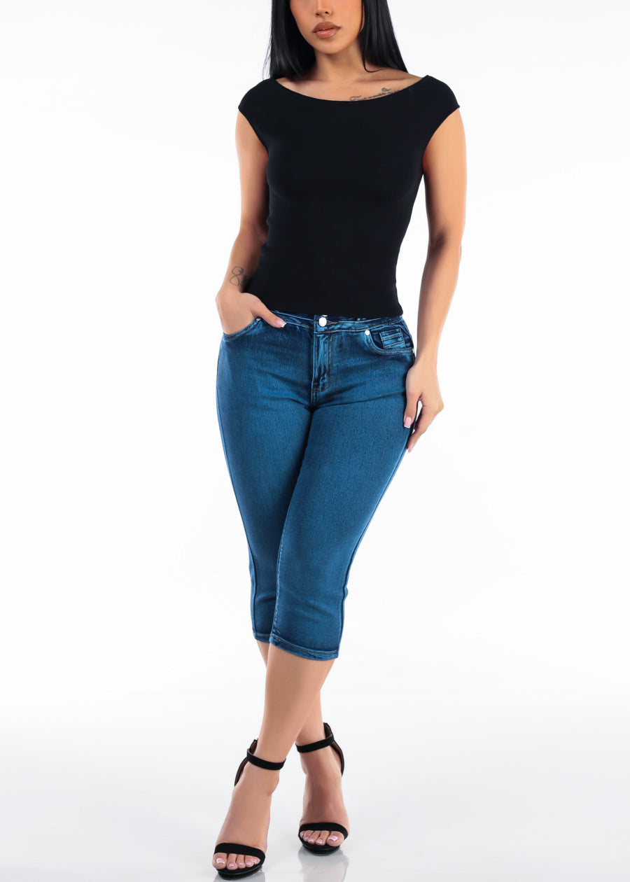 Stretch Cap Sleeve Boat Neckline Sweater Top Black