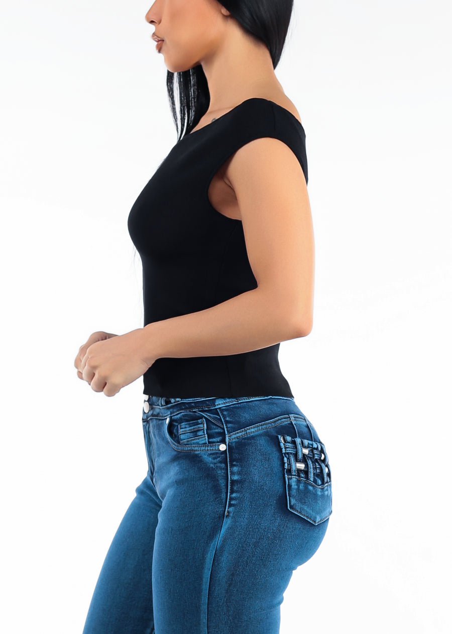 Stretch Cap Sleeve Boat Neckline Sweater Top Black