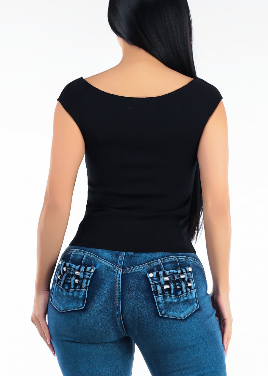 Stretch Cap Sleeve Boat Neckline Sweater Top Black