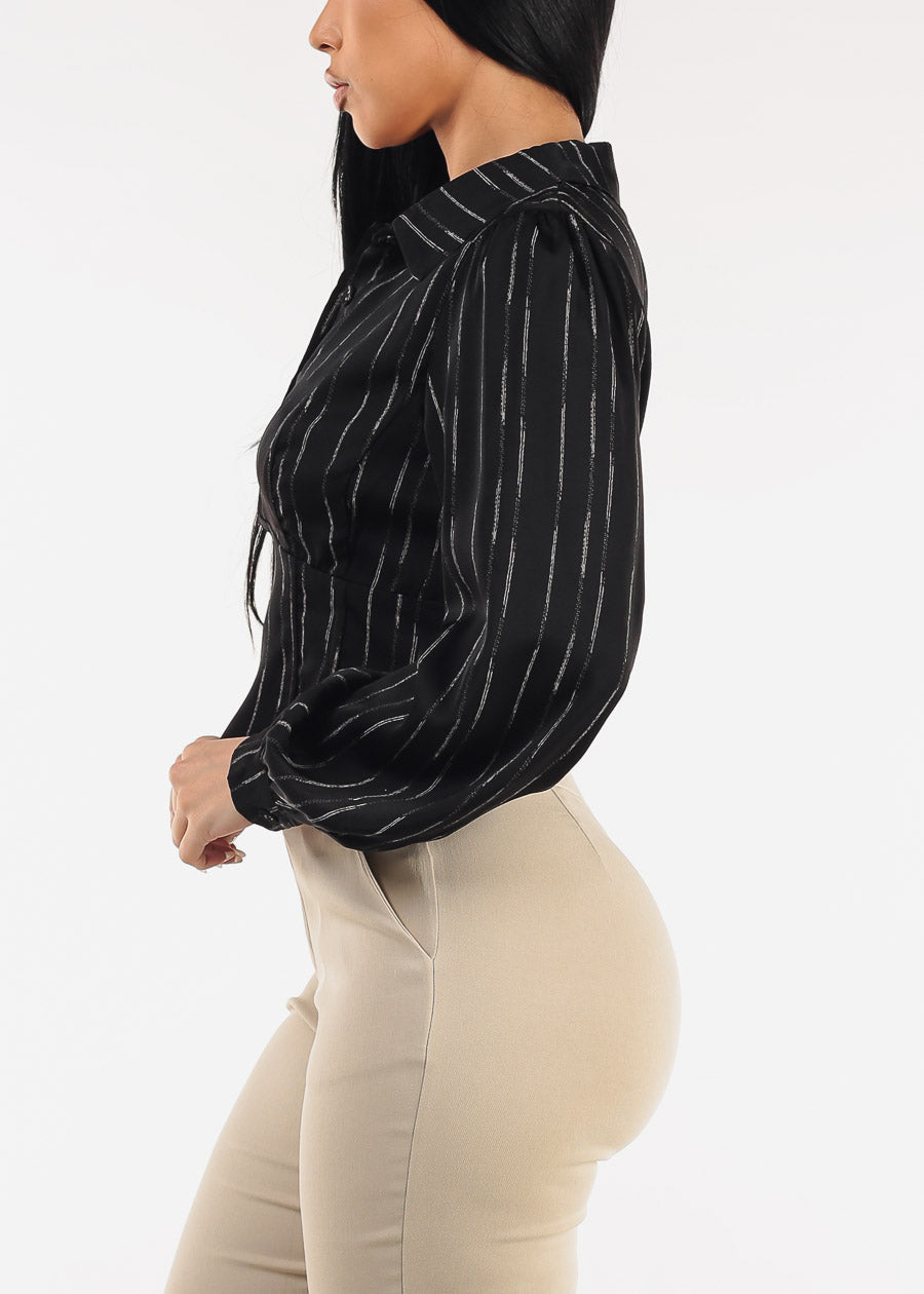 Long Sleeve Printed Corset Style Blouse Black