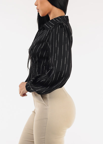 Long Sleeve Printed Corset Style Blouse Black