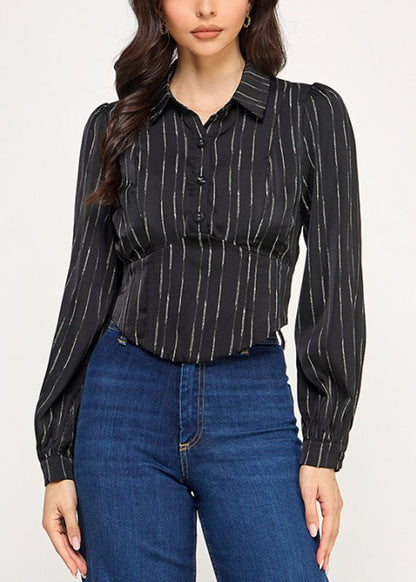 Long Sleeve Printed Corset Style Blouse Black