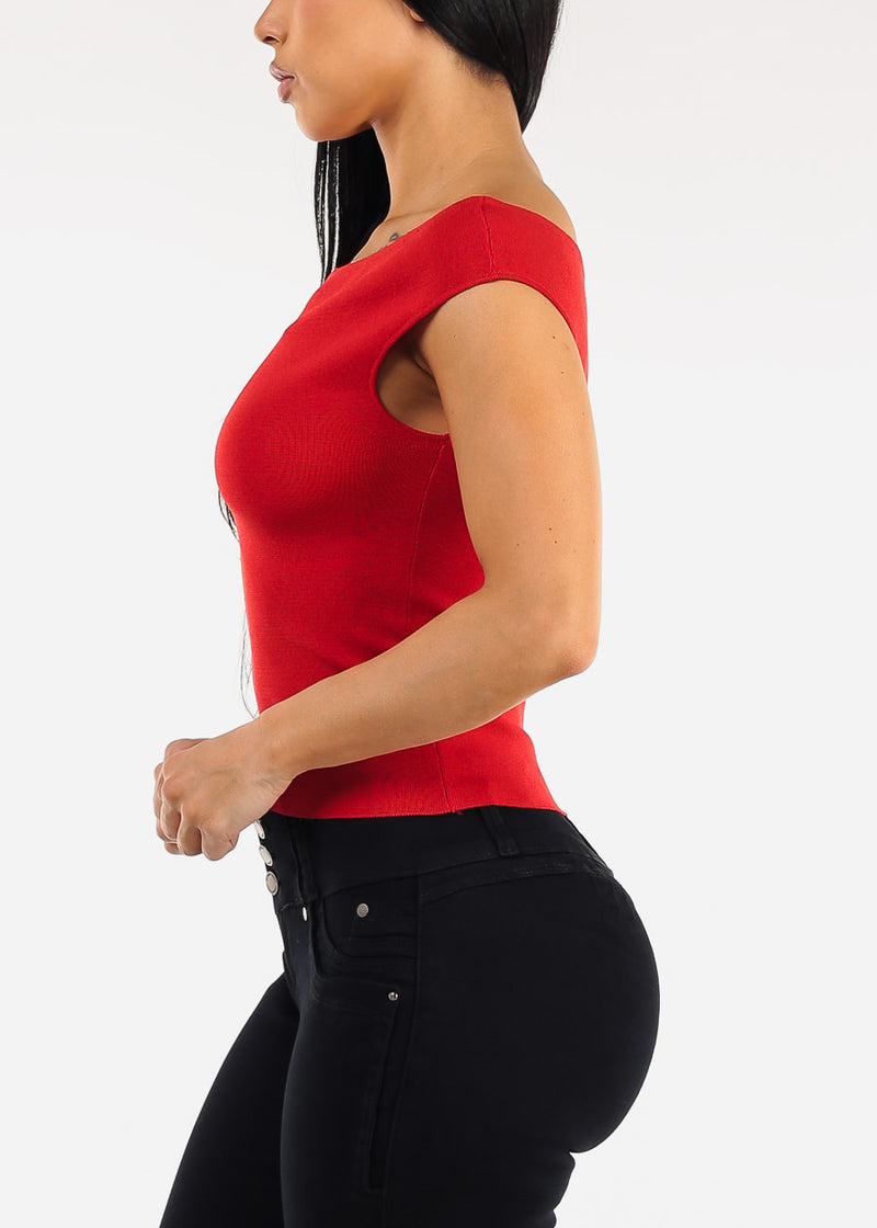 Stretch Cap Sleeve Boat Neckline Sweater Top Red