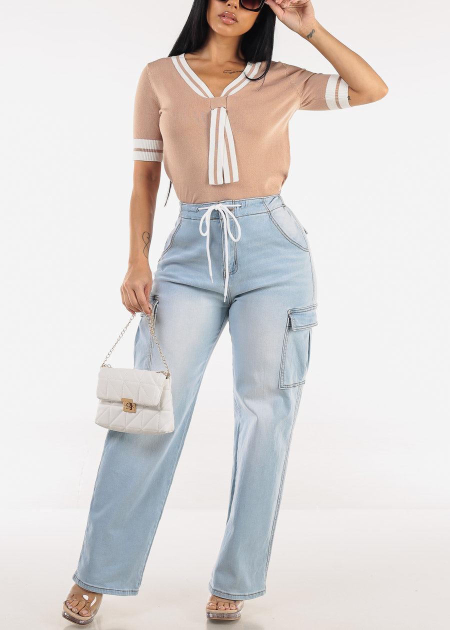 Short Sleeve Vneck Sweater Top Mocha w Tie detail 