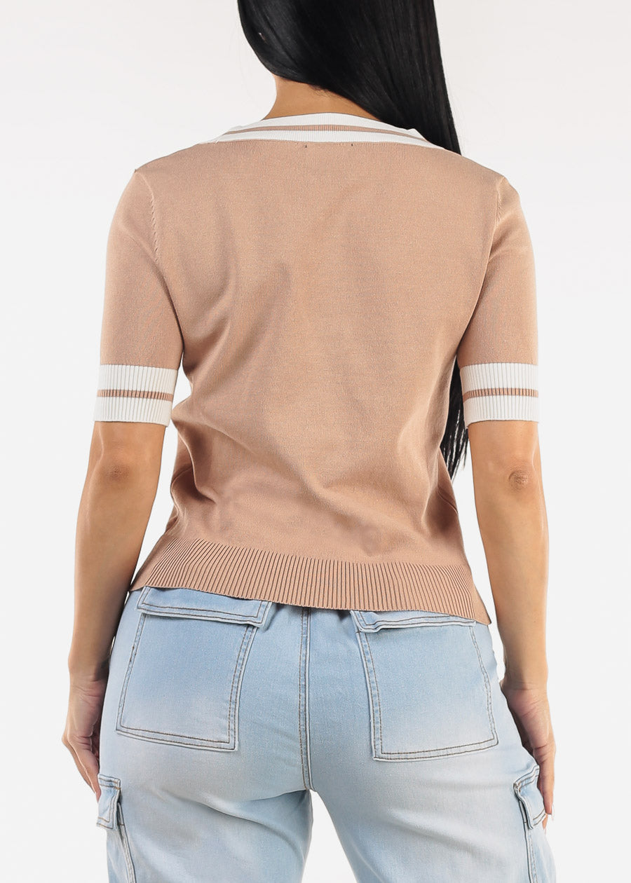 Short Sleeve Vneck Sweater Top Mocha w Tie detail
