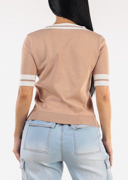Short Sleeve Vneck Sweater Top Mocha w Tie detail