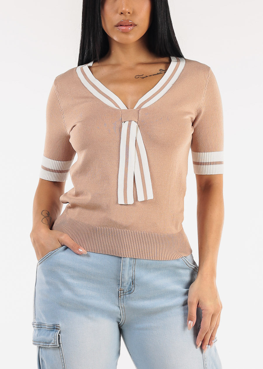 Short Sleeve Vneck Sweater Top Mocha w Tie detail