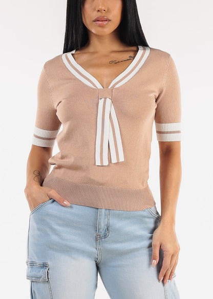 Short Sleeve Vneck Sweater Top Mocha w Tie detail