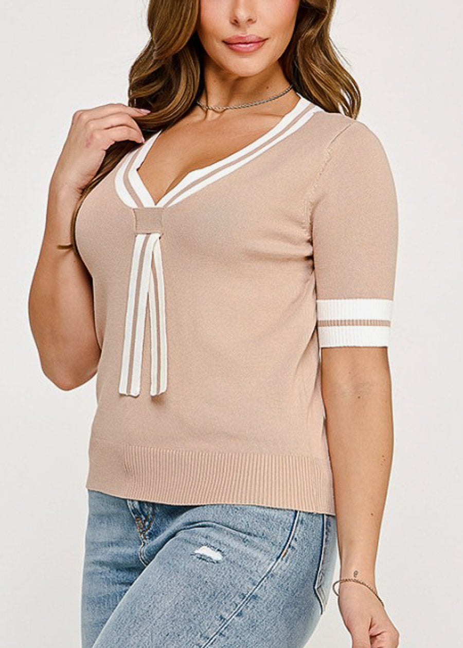Short Sleeve Vneck Sweater Top Mocha w Tie detail