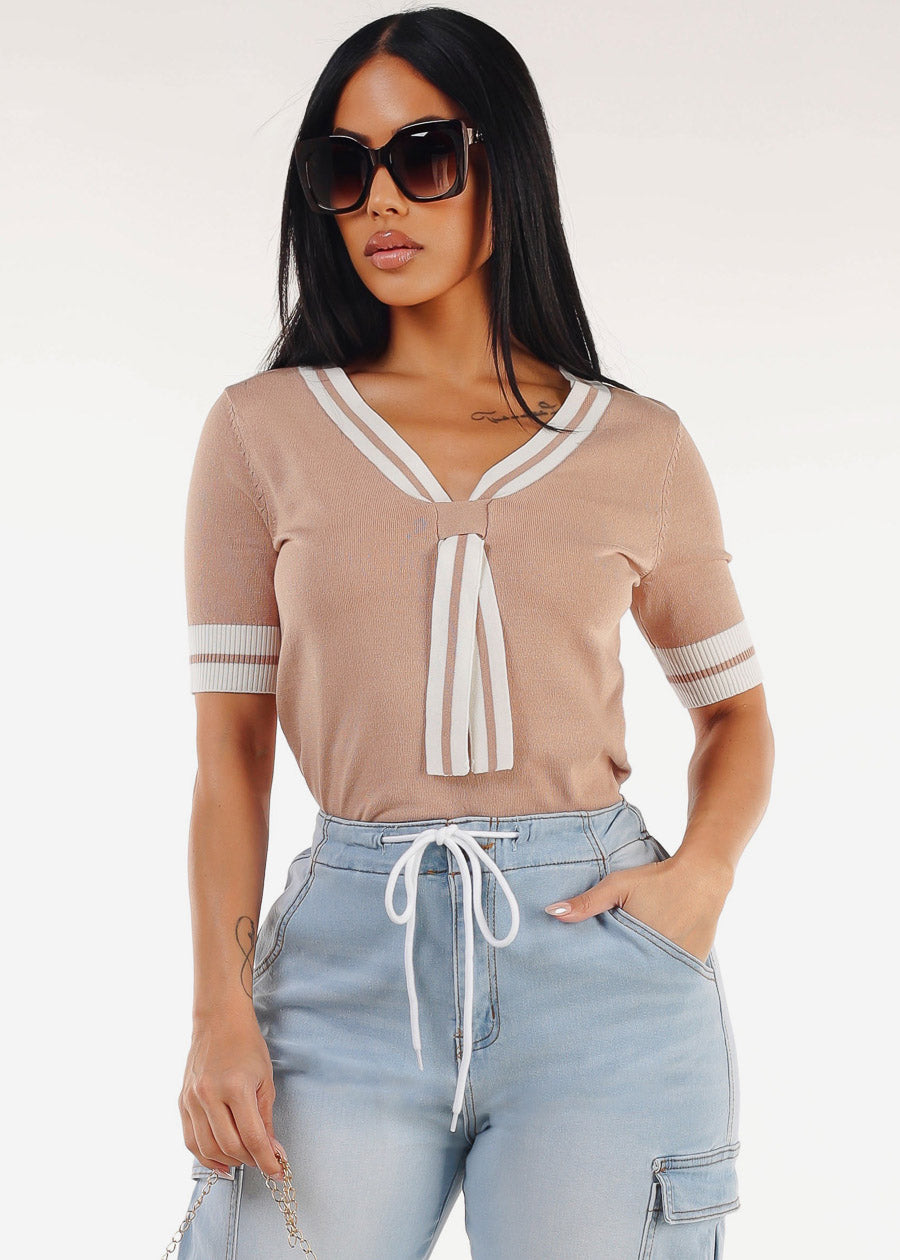 Short Sleeve Vneck Sweater Top Mocha w Tie detail 