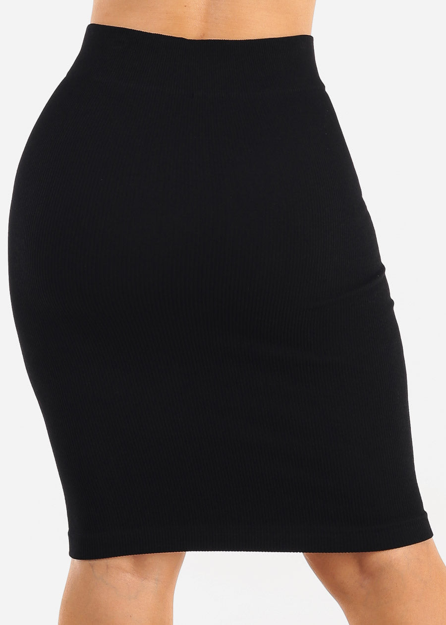 Stretch Ribbed Bodycon Pencil Skirt Black