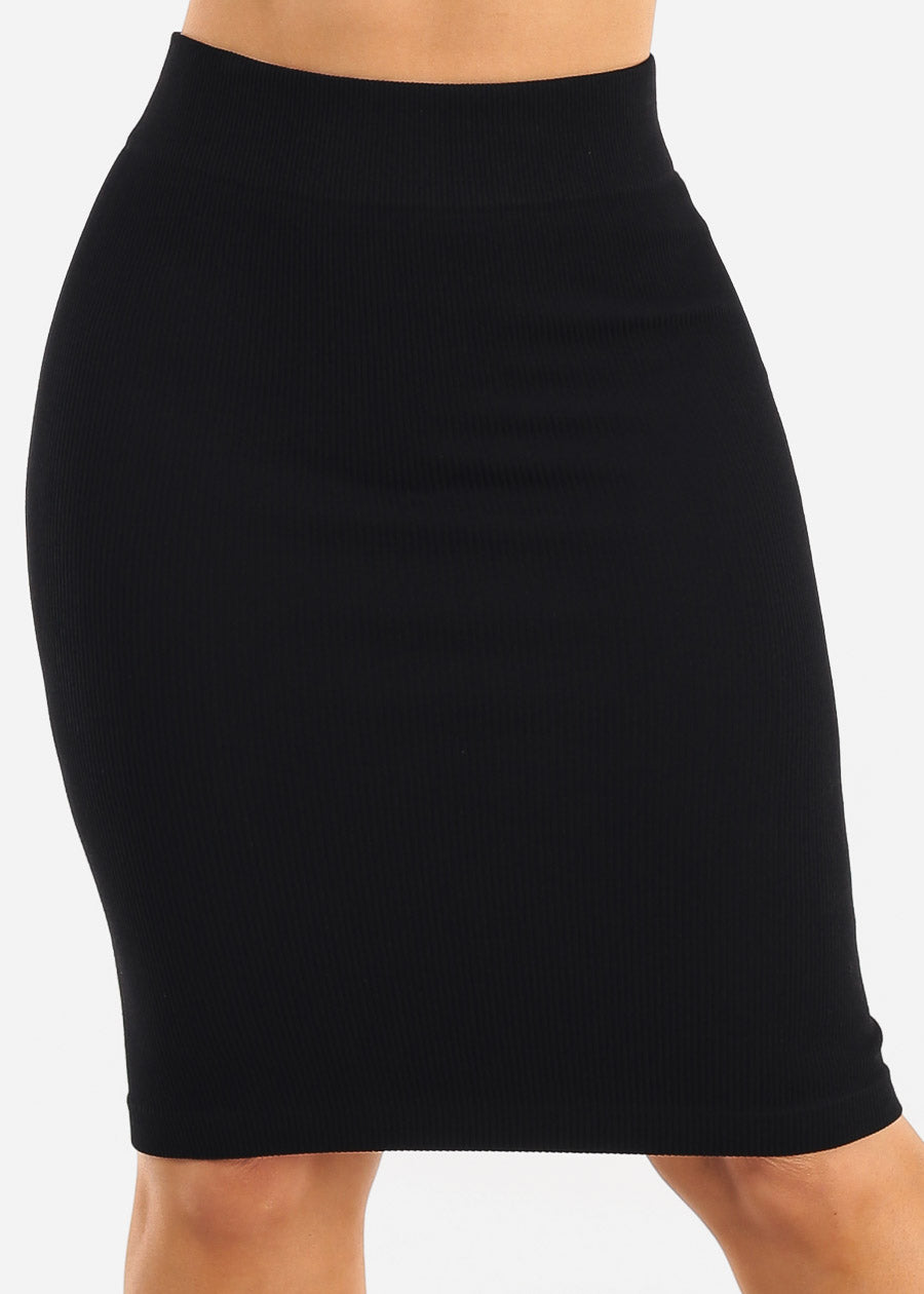 Stretch Ribbed Bodycon Pencil Skirt Black