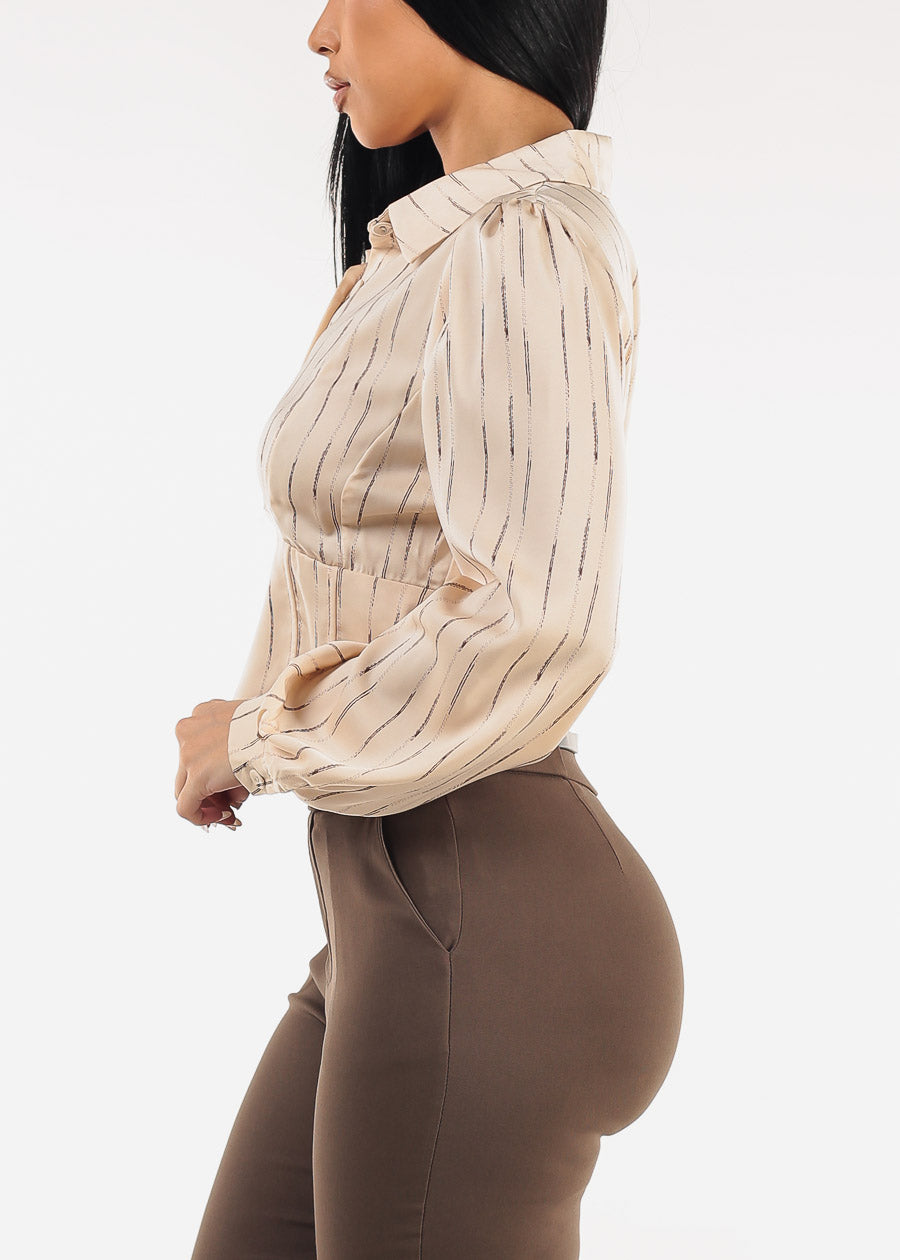 Long Sleeve Printed Corset Style Blouse Beige