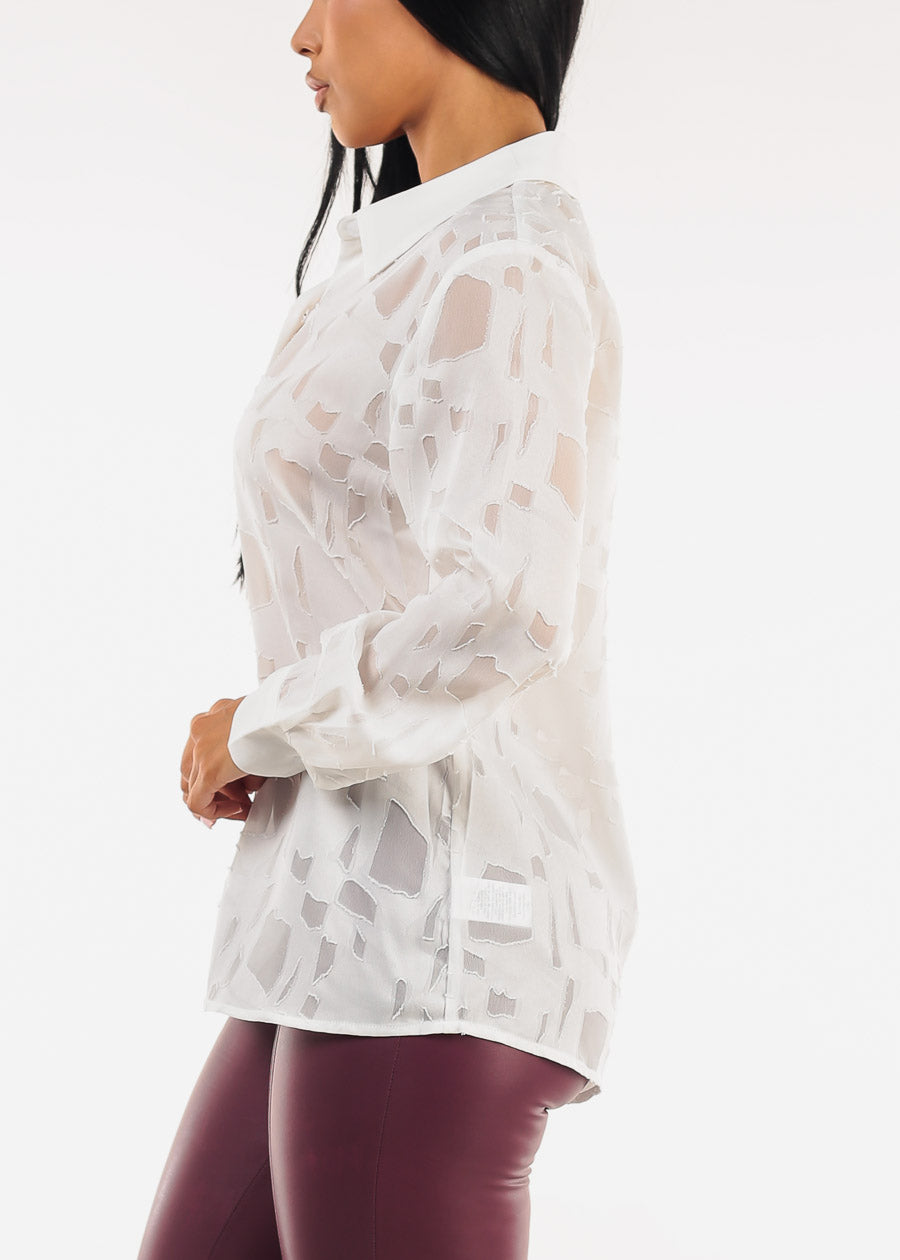 White Long Sleeve Button Up Textured Collared Blouse