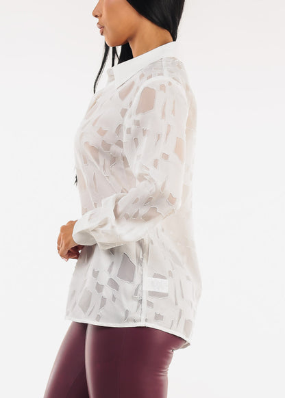 White Long Sleeve Button Up Textured Collared Blouse
