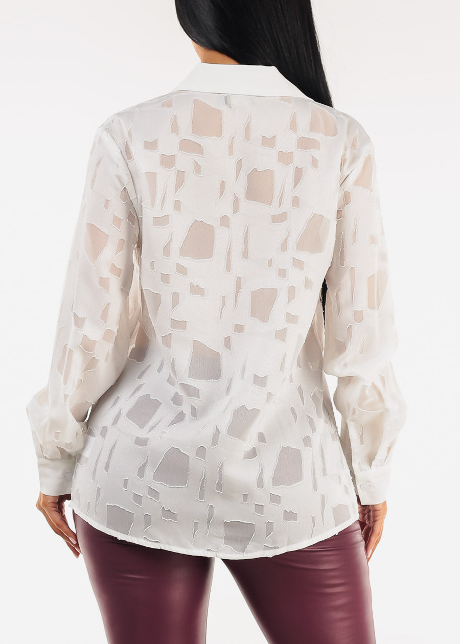White Long Sleeve Button Up Textured Collared Blouse
