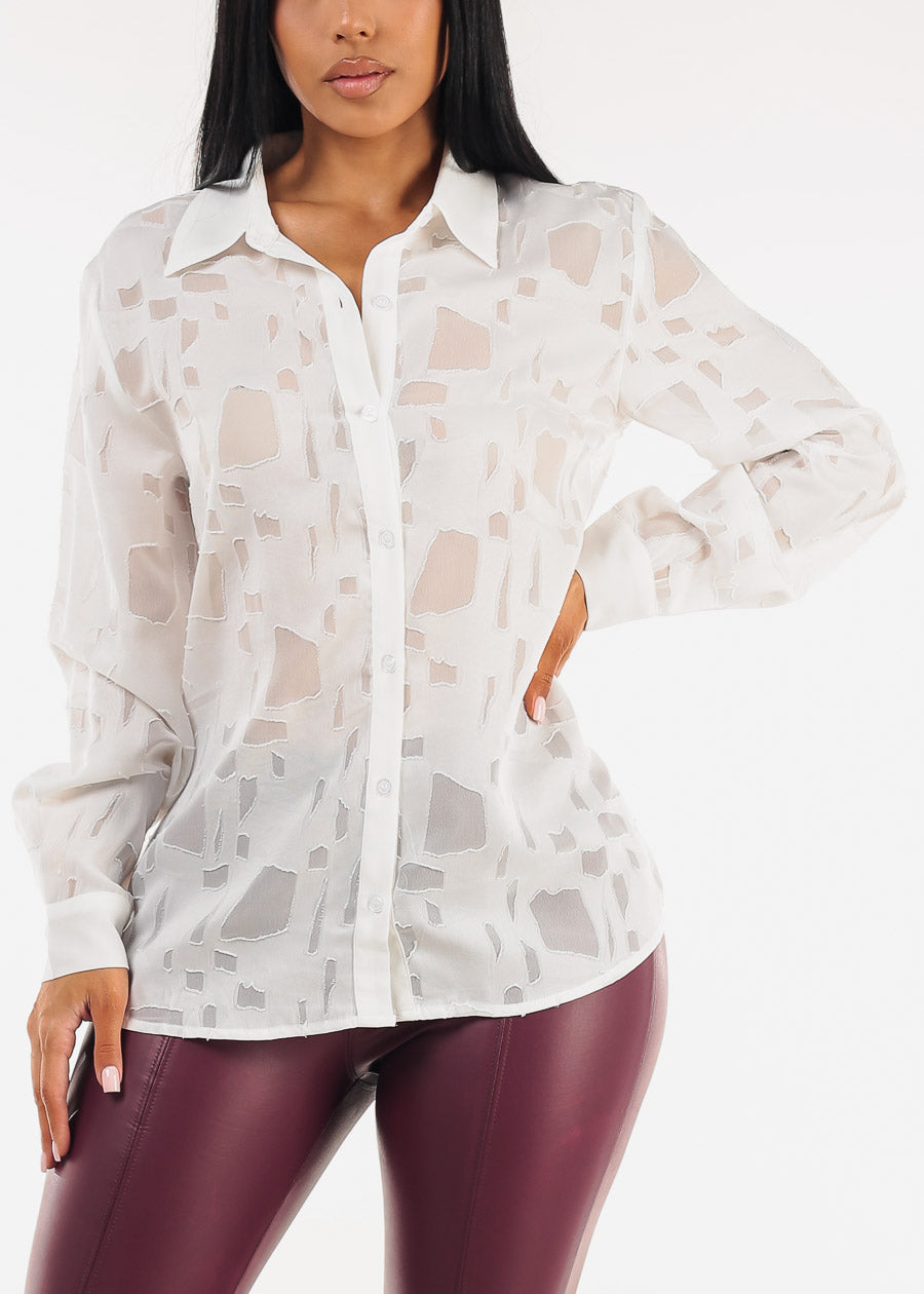 White Long Sleeve Button Up Textured Collared Blouse