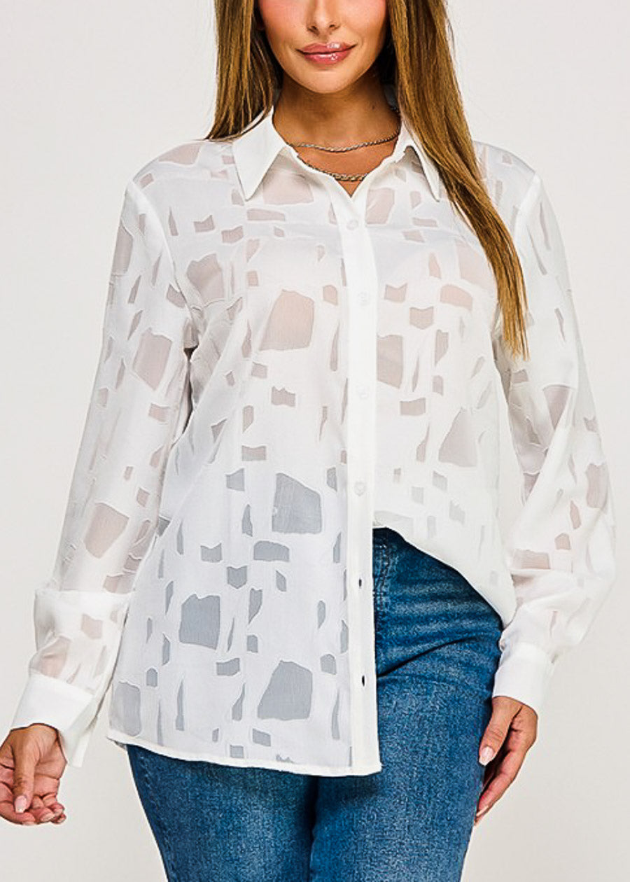 White Long Sleeve Button Up Textured Collared Blouse