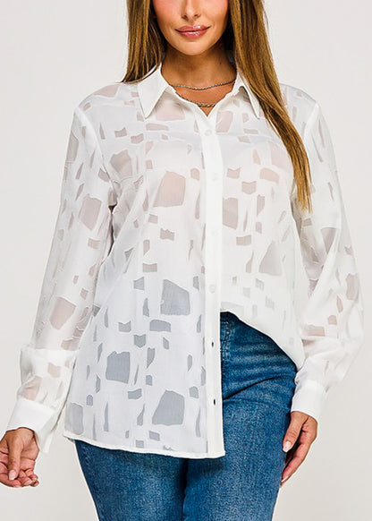 White Long Sleeve Button Up Textured Collared Blouse