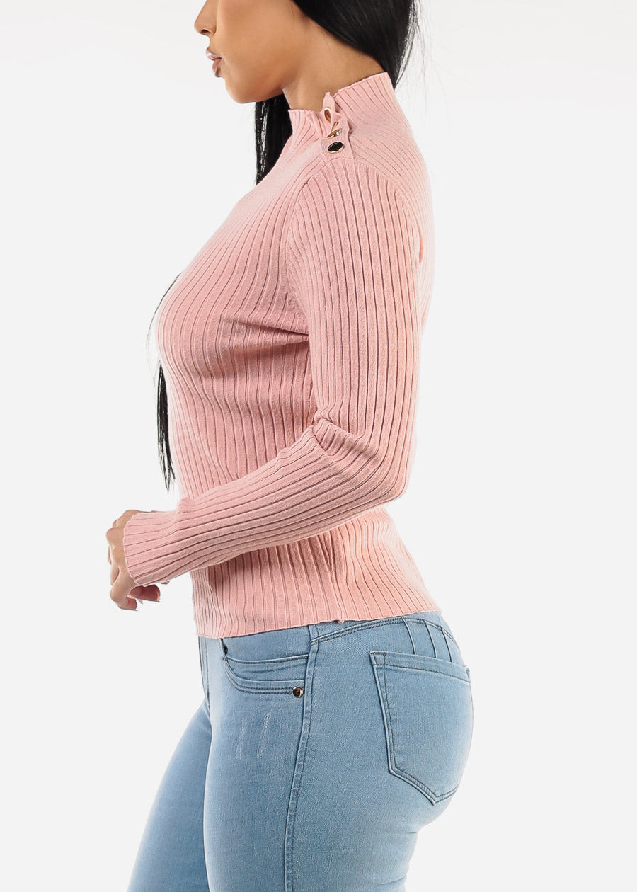 Long Sleeve Pink Knitted Sweater w Button Detail