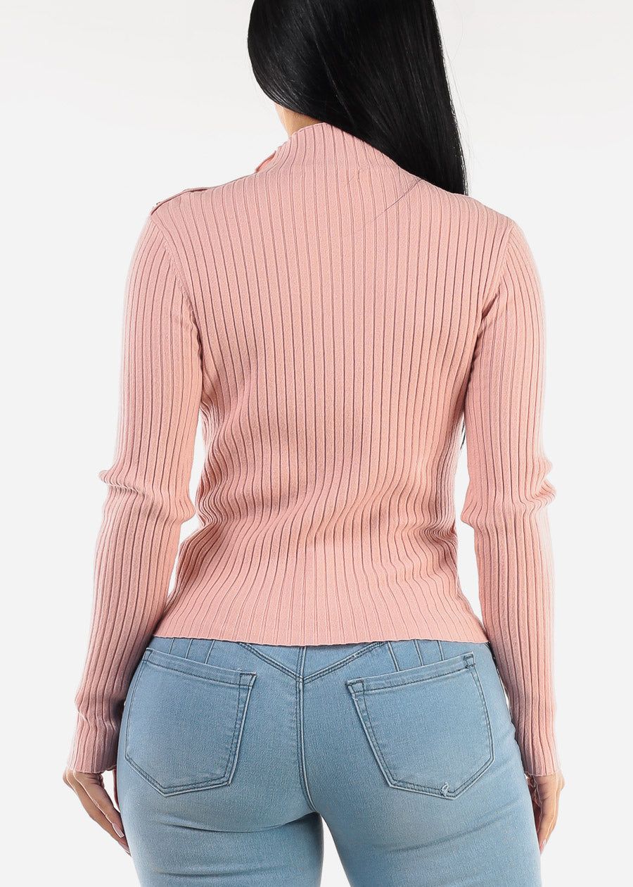 Long Sleeve Pink Knitted Sweater w Button Detail