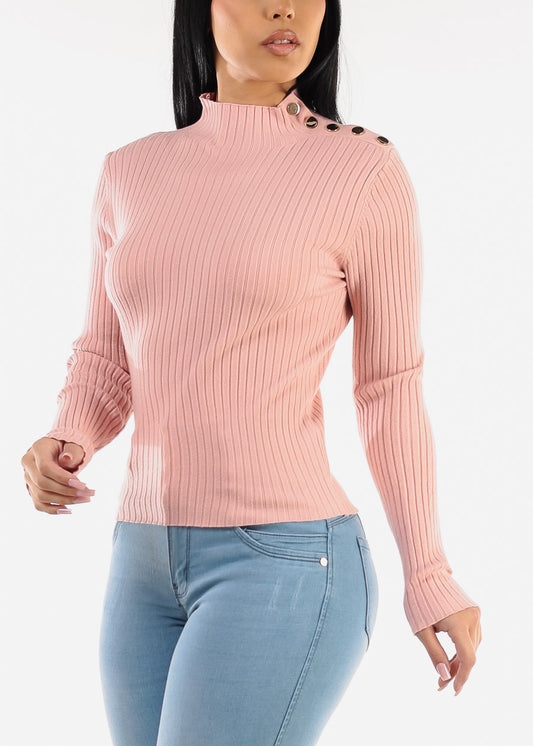 Long Sleeve Pink Knitted Sweater w Button Detail