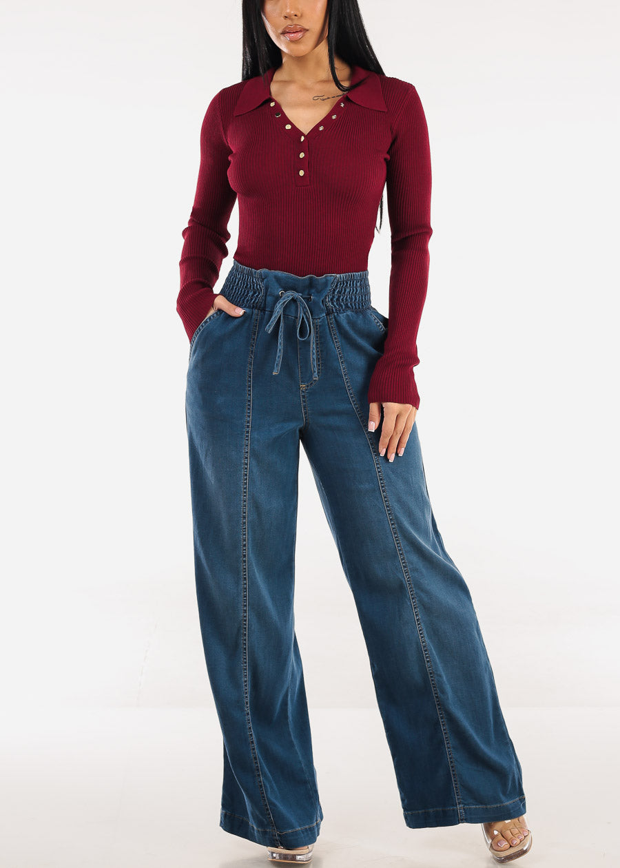 Long Sleeve Collared Rib Knit Sweater Top Burgundy