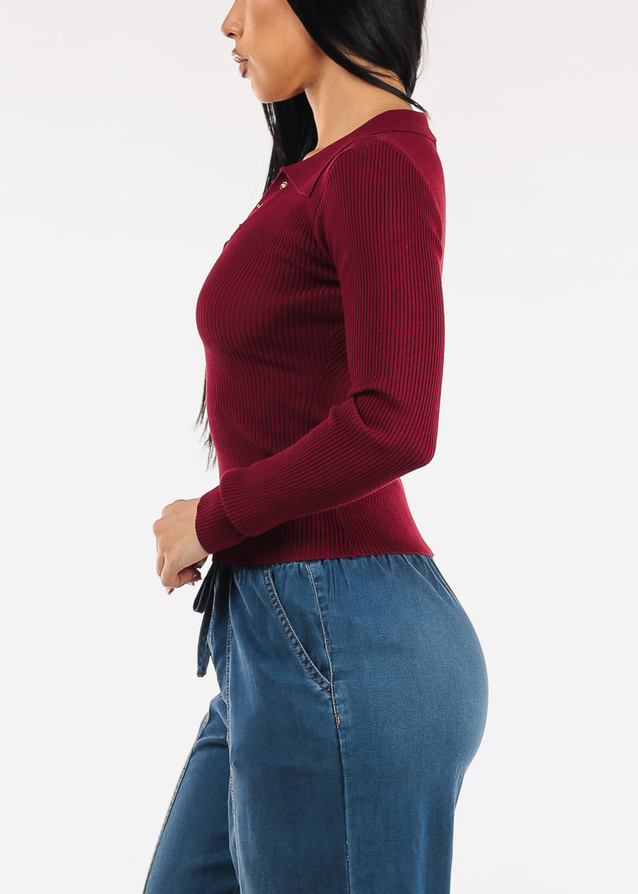 Long Sleeve Collared Rib Knit Sweater Top Burgundy