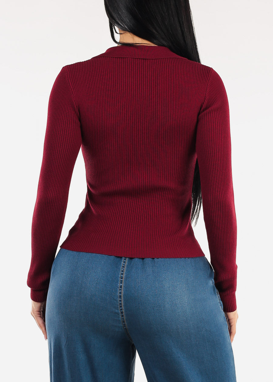 Long Sleeve Collared Rib Knit Sweater Top Burgundy