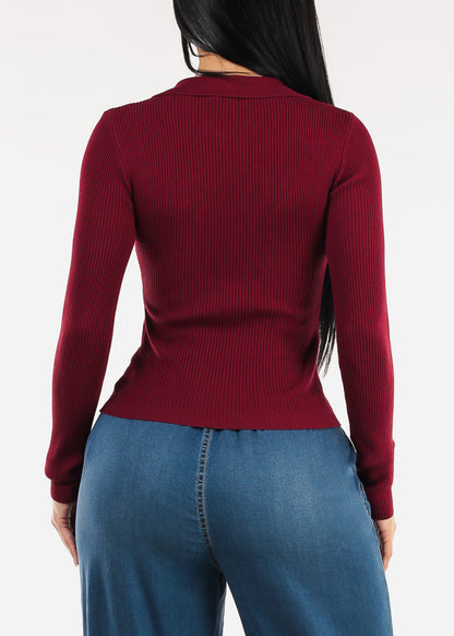 Long Sleeve Collared Rib Knit Sweater Top Burgundy