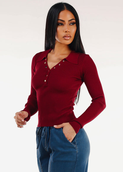 Long Sleeve Collared Rib Knit Sweater Top Burgundy
