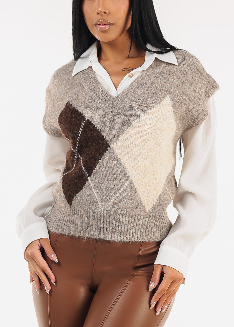 Sleeveless Vneck Knitted Sweater Vest Taupe