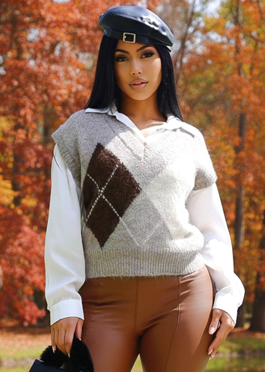 Sleeveless Vneck Knitted Sweater Vest Taupe