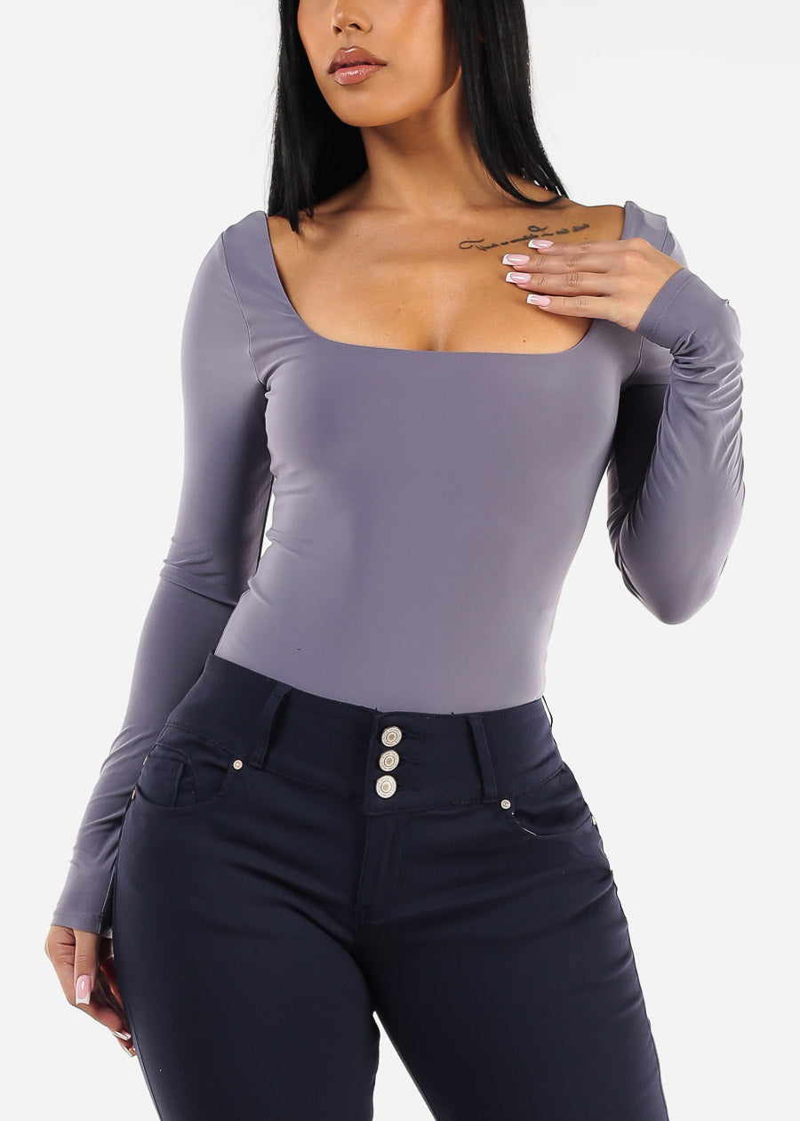 Long Sleeve Square Neck Thong Bodysuit Dark Lavender